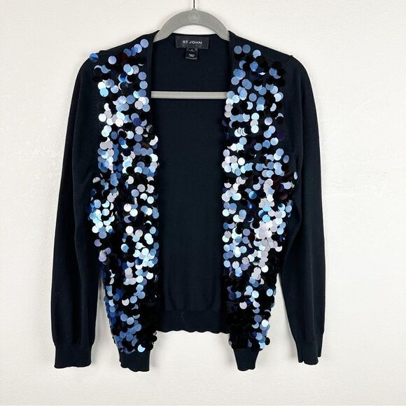 St. John Navy Sequin Silk Blend Cardigan Sweater Small - Picture 1 of 7